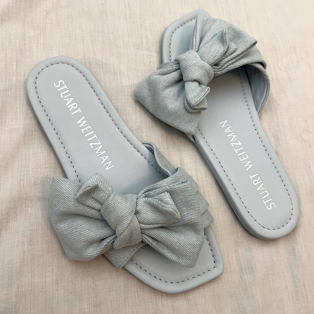 Stuart Weizman women’s 7 light blue denim bow loveknot slides flats sandals